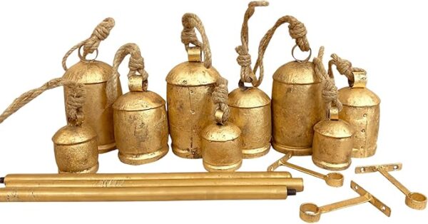 Set of Giant Vintage Rustic Tin Metal Harmony Cow Bells, Complete 12 Huge XXL Rustic Handmade Bells On Jute Rope with Rod